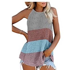Zecilbo Women's Knitted Color Block Cami Tank Top Scoop Neck Solid Shirt in XXL